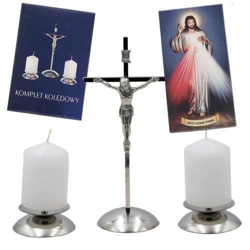ELEGANCKI ZESTAW KOLĘDOWY Z IKONĄ Metalowy Krzyż z Jezusem Świeczniki