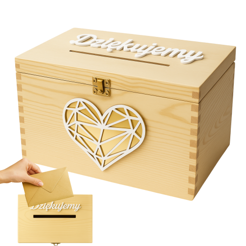 PUDEŁKO NA KOPERTY SKRZYNKA DREWNO ŚLUB WESELE Ślubne Naturalna Złote Serce