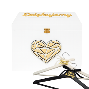ZESTAW PUDEŁKO NA KOPERTY WIESZAKI ŚLUBNE SKRZYNKA BIAŁA ŚLUB WESELE ZŁOTE