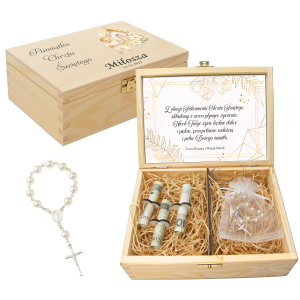 PAMIĄTKA CHRZTU ŚWIĘTEGO Dla Chłopca Dziewczynki PUDEŁKO Z RÓŻAŃCEM Chrzest