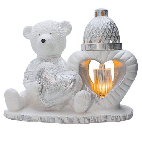 ZNICZ GIPSOWA FIGURKA NAGROBNA Srebrny Miś Serce Lampka LED GIPS Latarenka