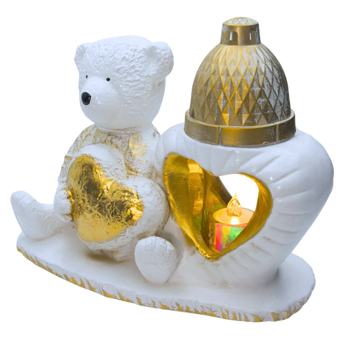 ZNICZ GIPSOWA FIGURKA NAGROBNA Złoty Miś Serce Lampka LED GIPS Latarenka