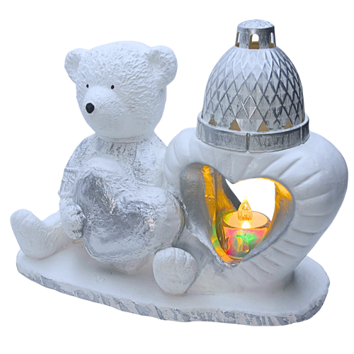 ZNICZ GIPSOWA FIGURKA NAGROBNA Srebrny Miś Serce Lampka LED GIPS Latarenka