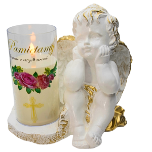 ZNICZ GIPSOWA FIGURKA NAGROBNA Złoty Anioł Aniołek Gipsowy LAMPA  LED