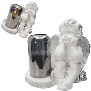 ZNICZ GIPSOWA FIGURKA NAGROBNA Srebrny Anioł Aniołek Gipsowy LAMPA LED