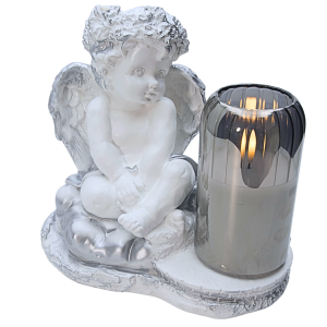 ZNICZ GIPSOWA FIGURKA NAGROBNA Srebrny Anioł Aniołek ŚWIECA LED GIPS