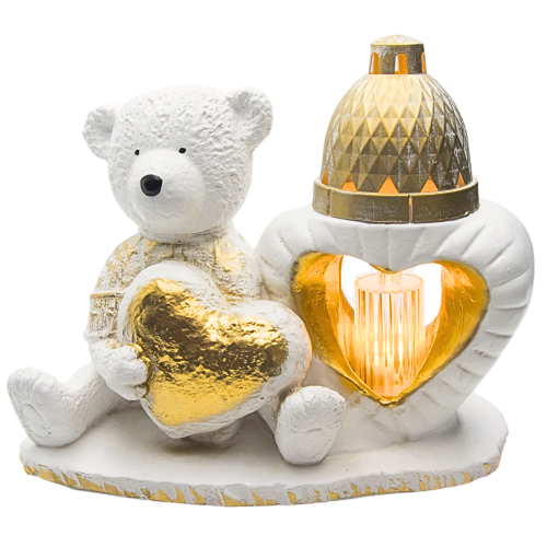 ZNICZ GIPSOWA FIGURKA NAGROBNA Złoty Miś Serce Lampka LED GIPS Latarenka