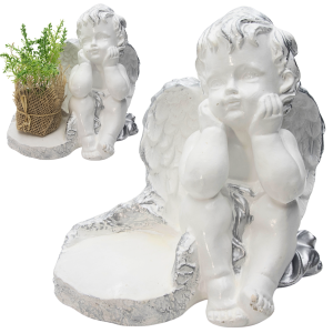FIGURKA NAGROBNA ANIOŁ OZDOBA GIPSOWA NA GRÓB Biało srebrna