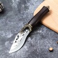 NÓŻ MYŚLIWSKI SURVIVALOWY STAL RĘKOJEŚĆ DREWNO SKÓRZANY POKROWIEC KEMPING