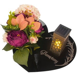 Wiązanka na grób ze zniczem solarnym KOMPOZYCJA KWIATOWA podstawka serce