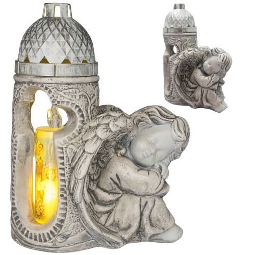 DUŻY ZNICZ + ŚWIECA GIPSOWA FIGURKA NAGROBNA LAMPA LED