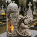 DUŻY ZNICZ + ŚWIECA GIPSOWA FIGURKA NAGROBNA LAMPA LED