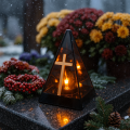 Znicz led ZŁOTY KRZYŻ efekt płomienia LAMPION NA GRÓB cmentarz statuetka