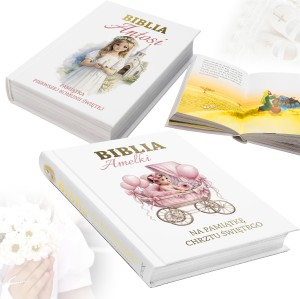 Pamiątka na KOMUNIĘ ŚWIĘTĄ CHRZEST BIBLIA PISMO ŚW nadruk z imieniem