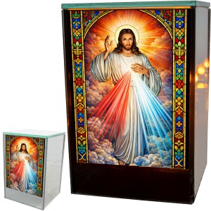 Znicz LED Jezus Miłosierny witraż lampion na grób cmentarz dekoracyjny duży