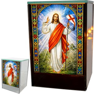 Znicz LED Jezus Zmartwychwstały witraż lampion na grób kapliczka lustro