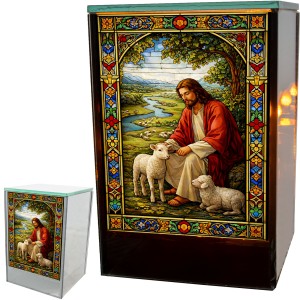 Znicz LED Jezus Dobry Pasterz witraż lampion na grób kapliczka lustro