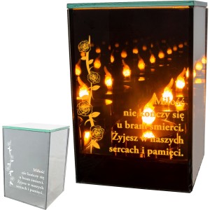 ZNICZ LED LAMPION na GRÓB cmentarz efekt nieskończonego ognia CYTAT RÓŻA