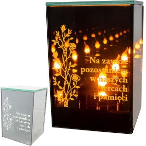 ZNICZ LED LAMPION na GRÓB cmentarz efekt nieskończonego ognia CYTAT RÓŻE