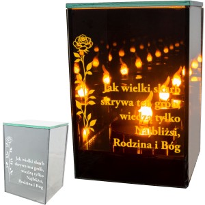 ZNICZ LED LAMPION na GRÓB cmentarz efekt nieskończonego ognia CYTAT RÓŻA