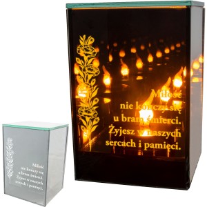 ZNICZ LED LAMPION na GRÓB cmentarz efekt nieskończonego ognia CYTAT GOŹDZIK