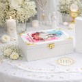 Personalizowane pudełko na PIERWSZĄ KOMUNIĘ ŚWIĘTĄ drewniane białe UV imię dedykacja