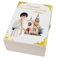 Personalizowane pudełko na PIERWSZĄ KOMUNIĘ ŚWIĘTĄ drewniane białe UV imię dedykacja