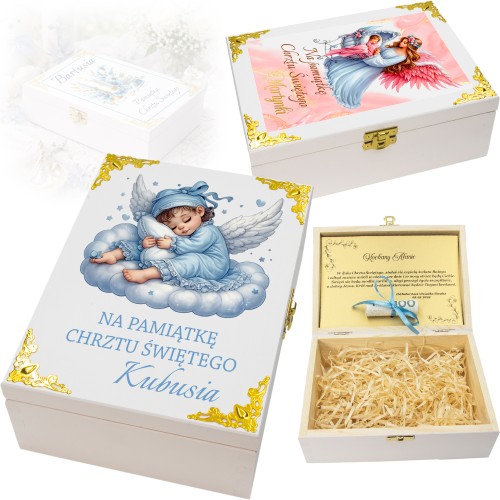 Personalizowane pudełko na CHRZEST ŚWIĘTY drewniane białe UV imię dedykacja