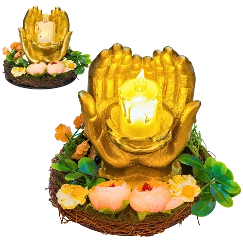 Znicz Nagrobny LED Złote Dłonie Lampion Dekoracyjny na Grób Kwiaty WIENIEC