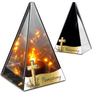 ZNICZ LED efekt płomienia LAMPION na GRÓB cmentarz SZKLANY  Z KRZYŻ
