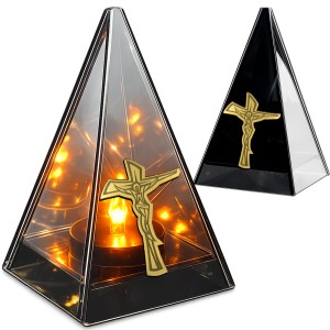 ZNICZ LED efekt płomienia LAMPION na GRÓB cmentarz SZKLANY  ZŁOTY  KRZYŻ