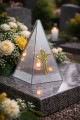 ZNICZ LED efekt płomienia LAMPION na GRÓB cmentarz SZKLANY  ZŁOTY  KRZYŻ