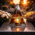 ZNICZ LED efekt płomienia LAMPION na GRÓB cmentarz SZKLANY  ZŁOTY  KRZYŻ
