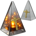 ZNICZ LED efekt płomienia LAMPION na GRÓB cmentarz SZKLANY  ZŁOTY  KRZYŻ