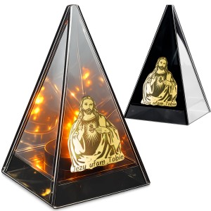 ZNICZ LED efekt płomienia LAMPION na GRÓB cmentarz SZKLANY  ZŁOTY JEZUS
